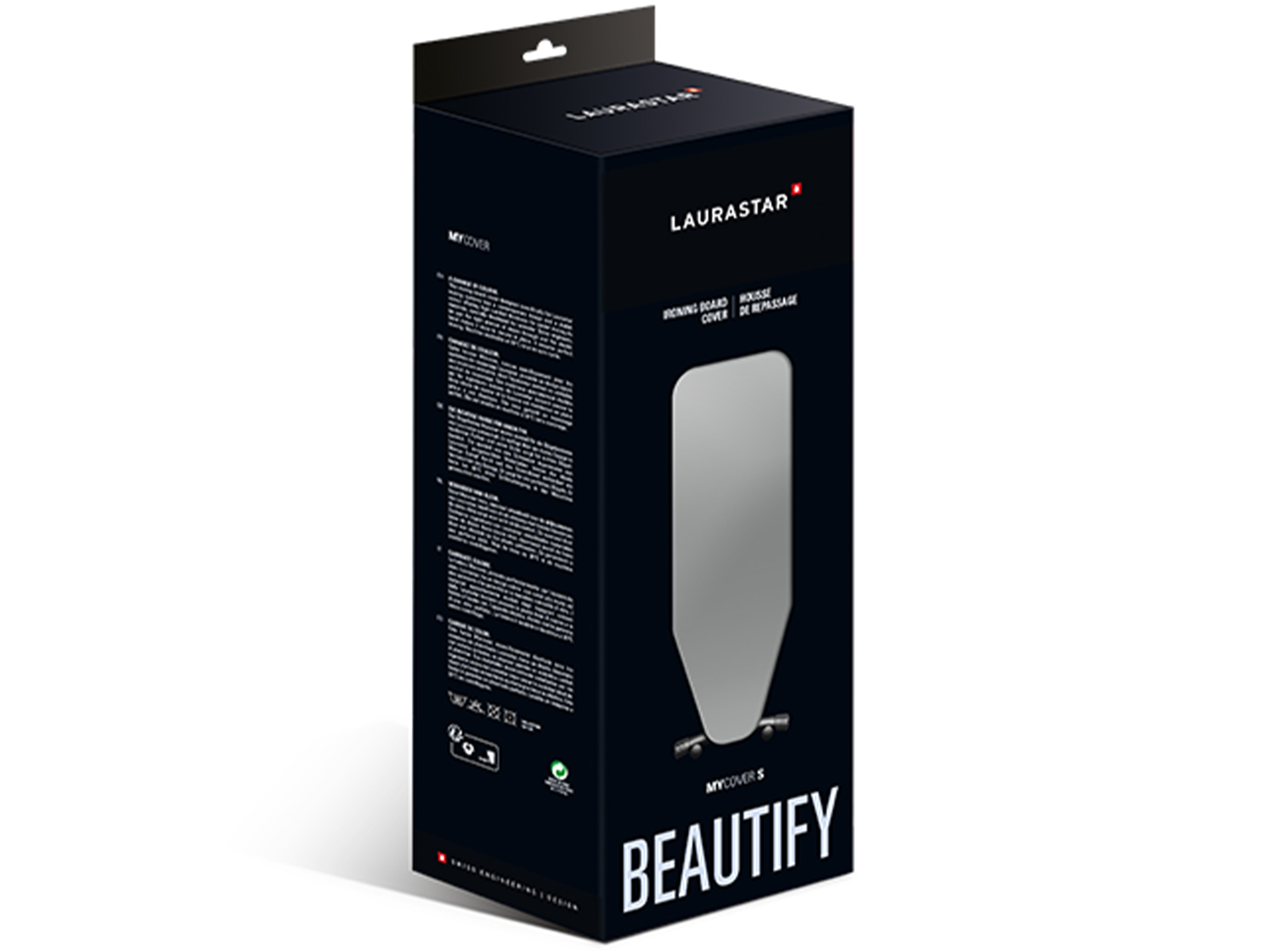 Czarne pudełko z napisem LAURASTAR i BEATIFY, okno pokazuje pokrowiec na deskę do prasowania.