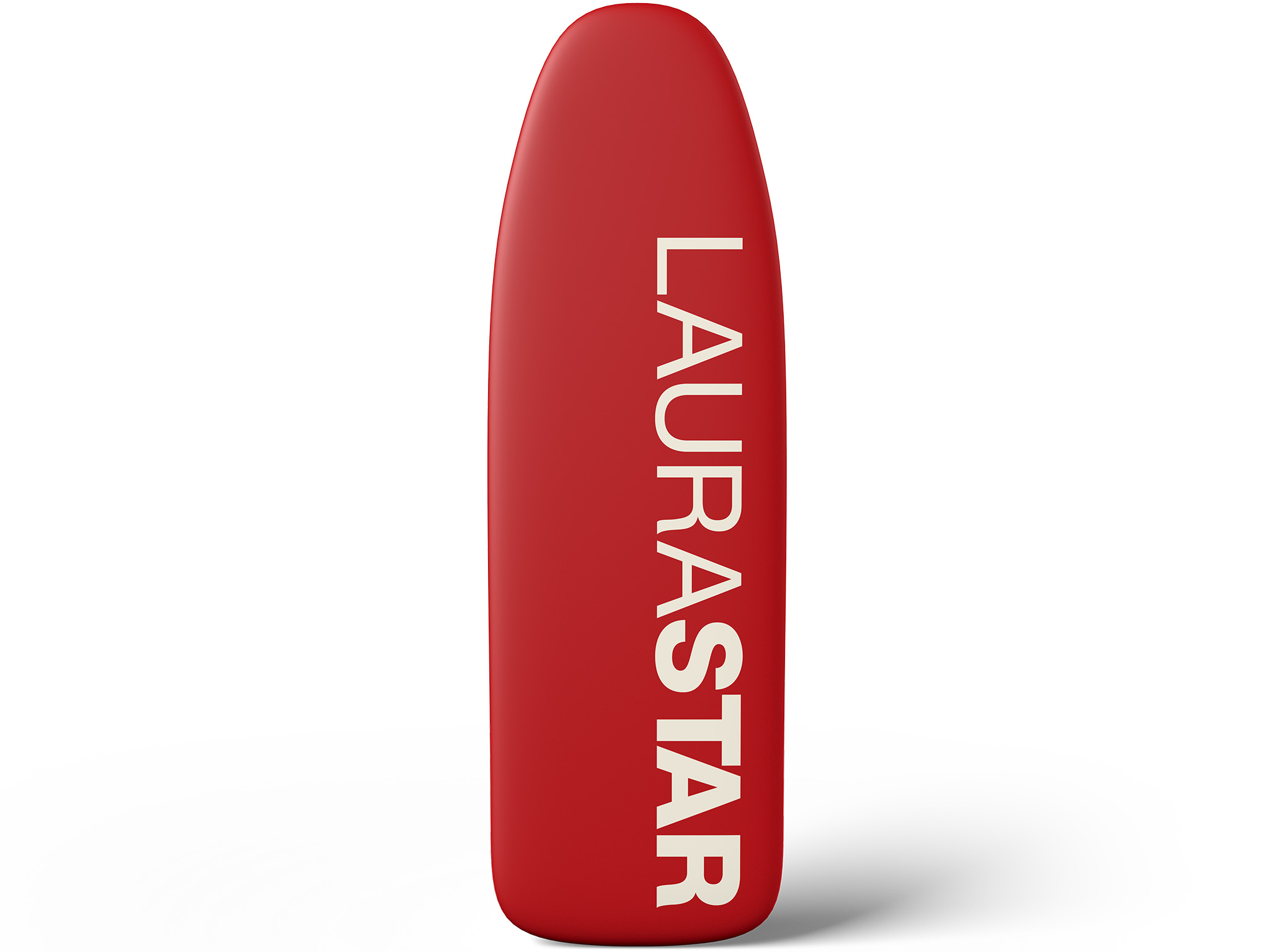 Ein rotes Bügelbrett mit dem Schriftzug LAURASTAR in Beige.