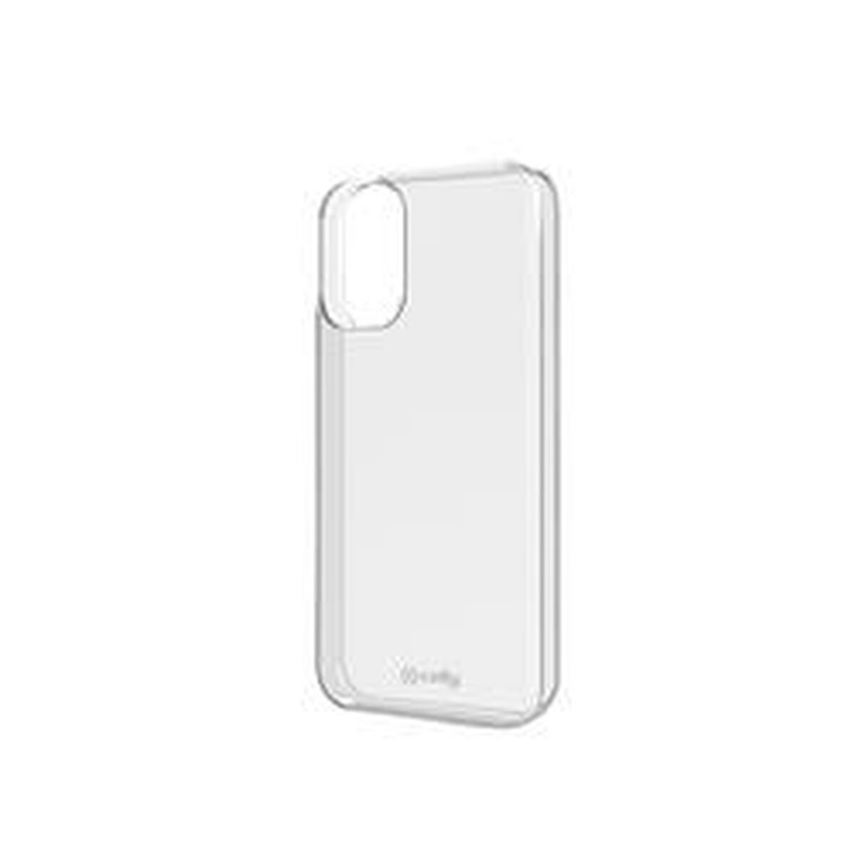 Custodia trasparente per telefono con ritaglio fotocamera, su sfondo bianco.