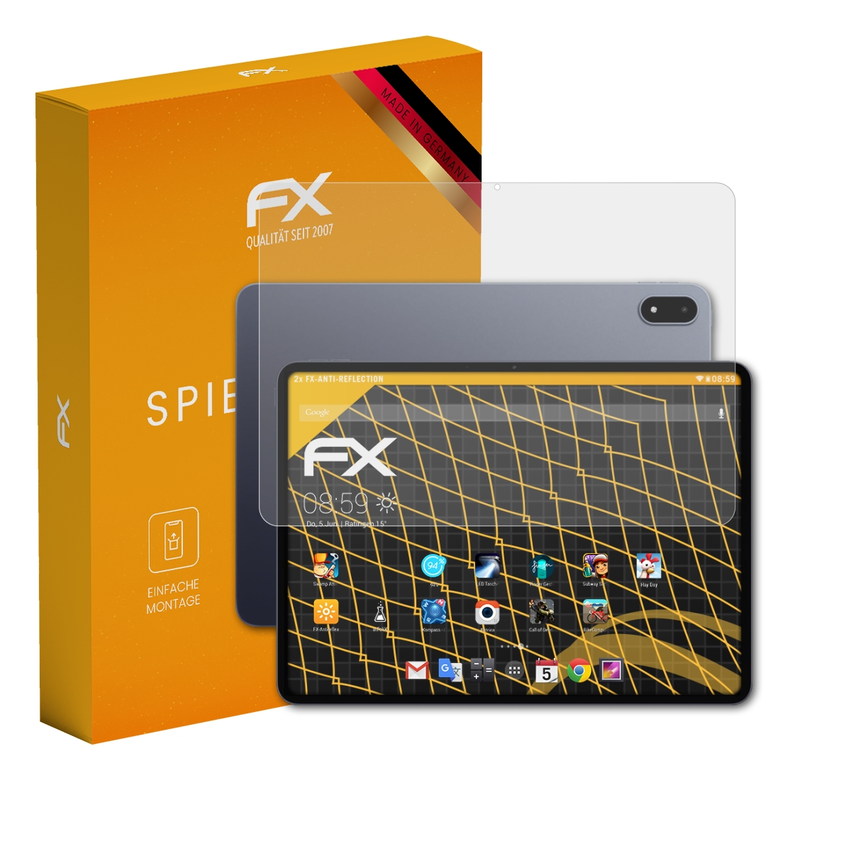 Ein orangefarbener Karton mit FX-Logo steht neben einem Tablet mit Schutzfolie.