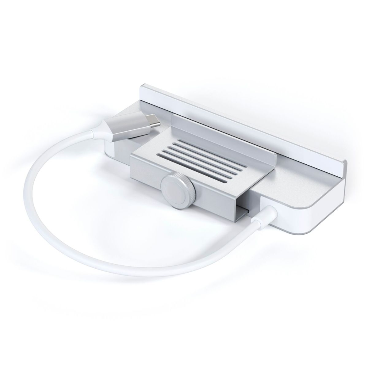 Dock USB-C argentato con cavo bianco e manopola rotante.