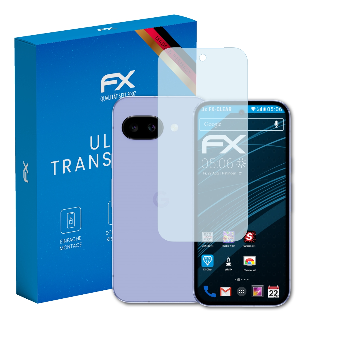 Ein lila Smartphone mit einer Displayschutzfolie und einer blauen Verpackung. Made in Germany.
