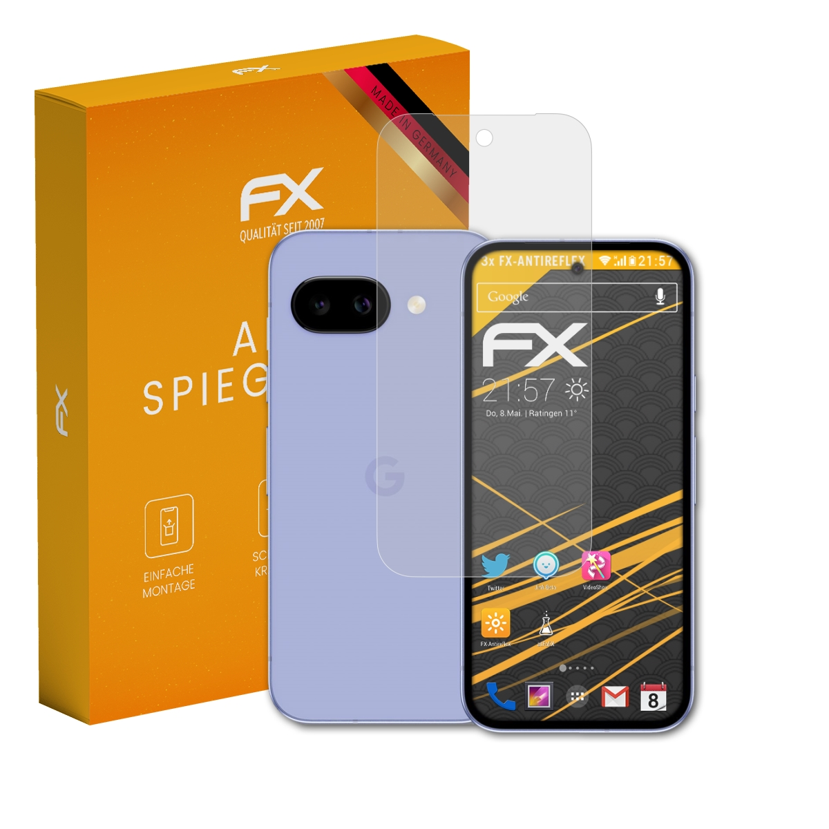 Lila Smartphone mit Displayschutzfolie und Verpackung. Made in Germany.