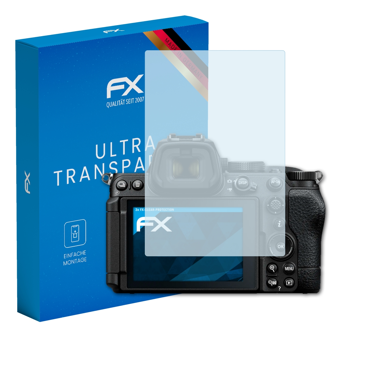 FX Displayschutzfolie für Kamera mit Verpackung, Made in Germany.