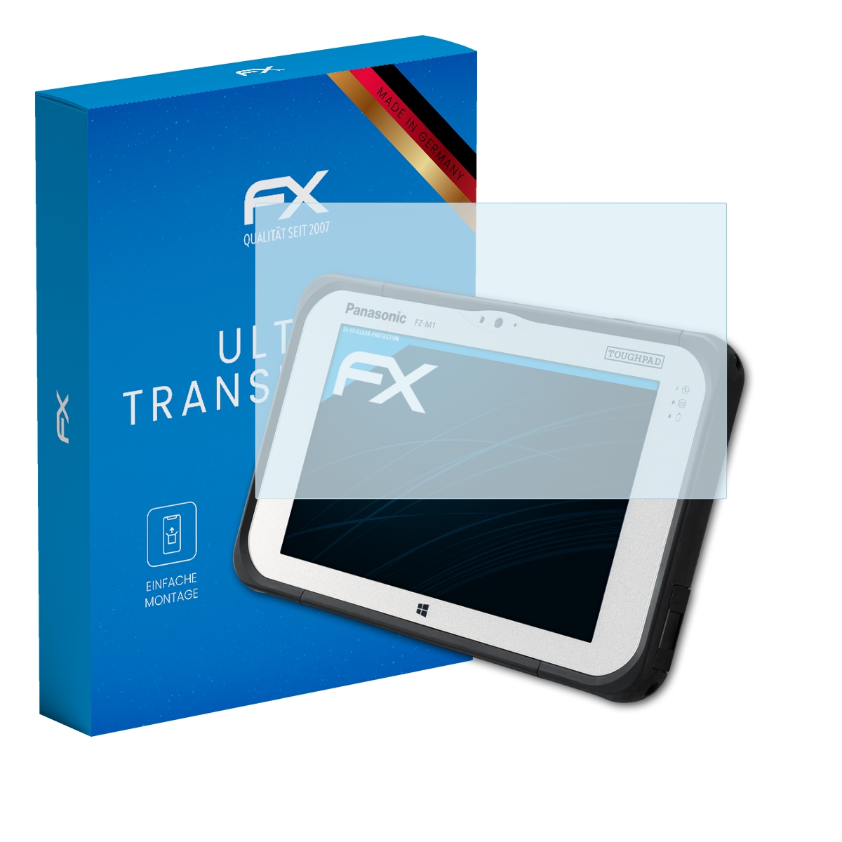 Blauer Karton mit FX-Logo und ein Tablet mit Displayschutzfolie.