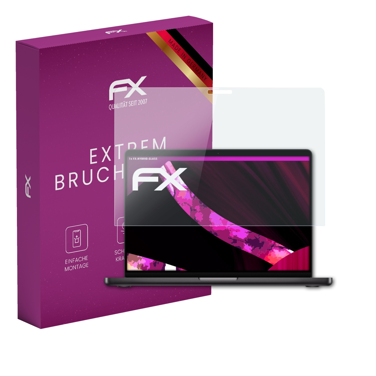 Lila Verpackung mit FX-Logo, daneben ein Laptop mit Displayschutzfolie.