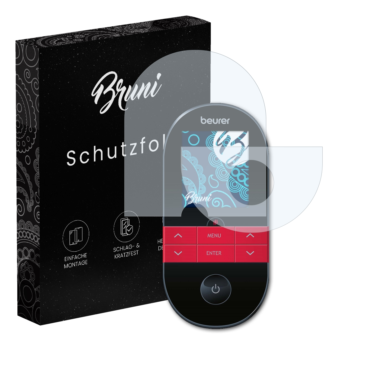 Branded screen protector packaging next to a black device with a screen.