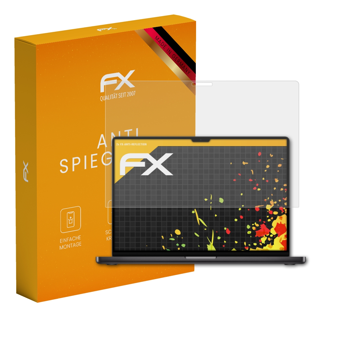 FX Displayschutzfolie für Laptops, mit Verpackung und Montageanleitung.