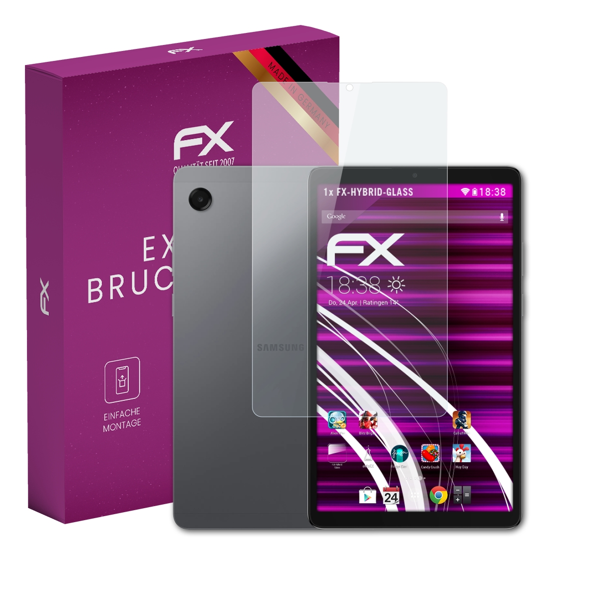 Verpackung und Displayschutzfolie für ein Samsung Tablet mit pink-schwarzem Hintergrund.