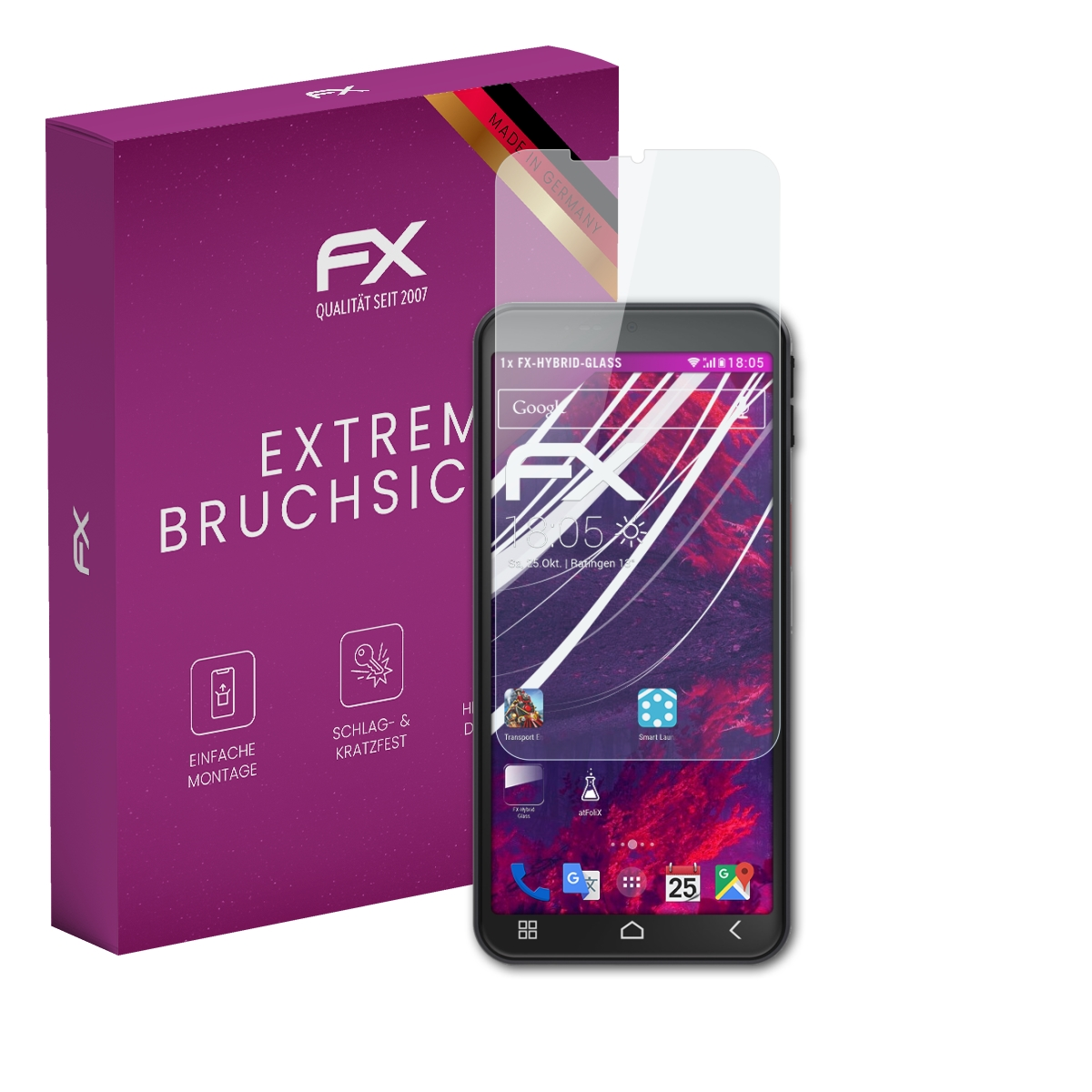 FX Schutzfolie mit Verpackung und Smartphone. Made in Germany.