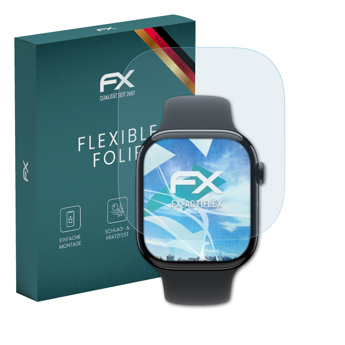 Verpackung und Displayschutzfolie für eine Smartwatch. "Made in Germany".