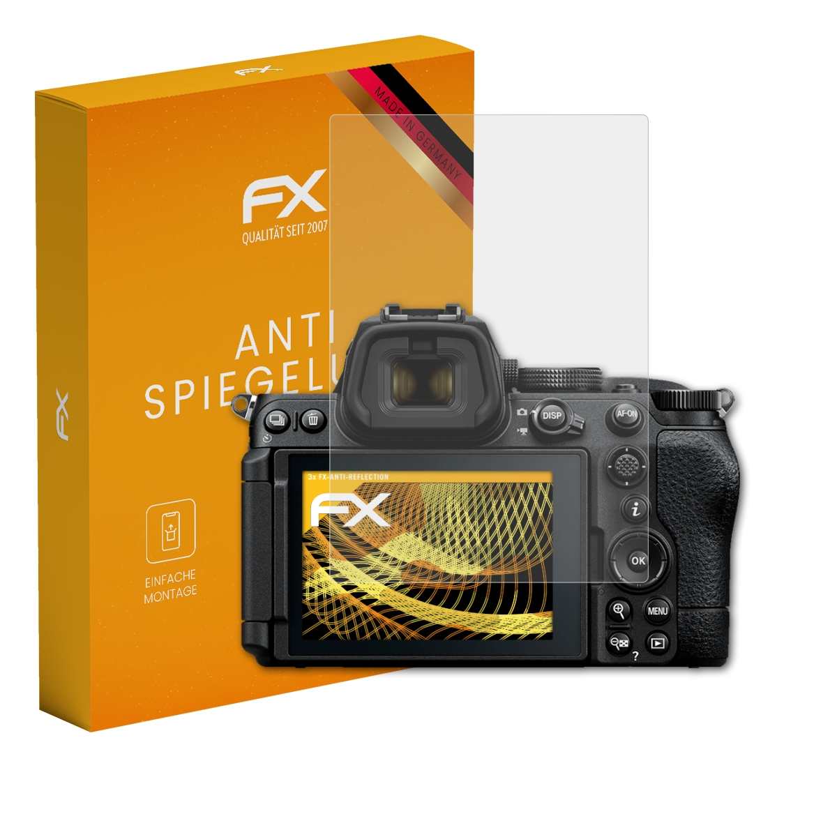 Ein Kameradisplay-Schutz und eine orangene Verpackung mit "Made in Germany"-Aufdruck.