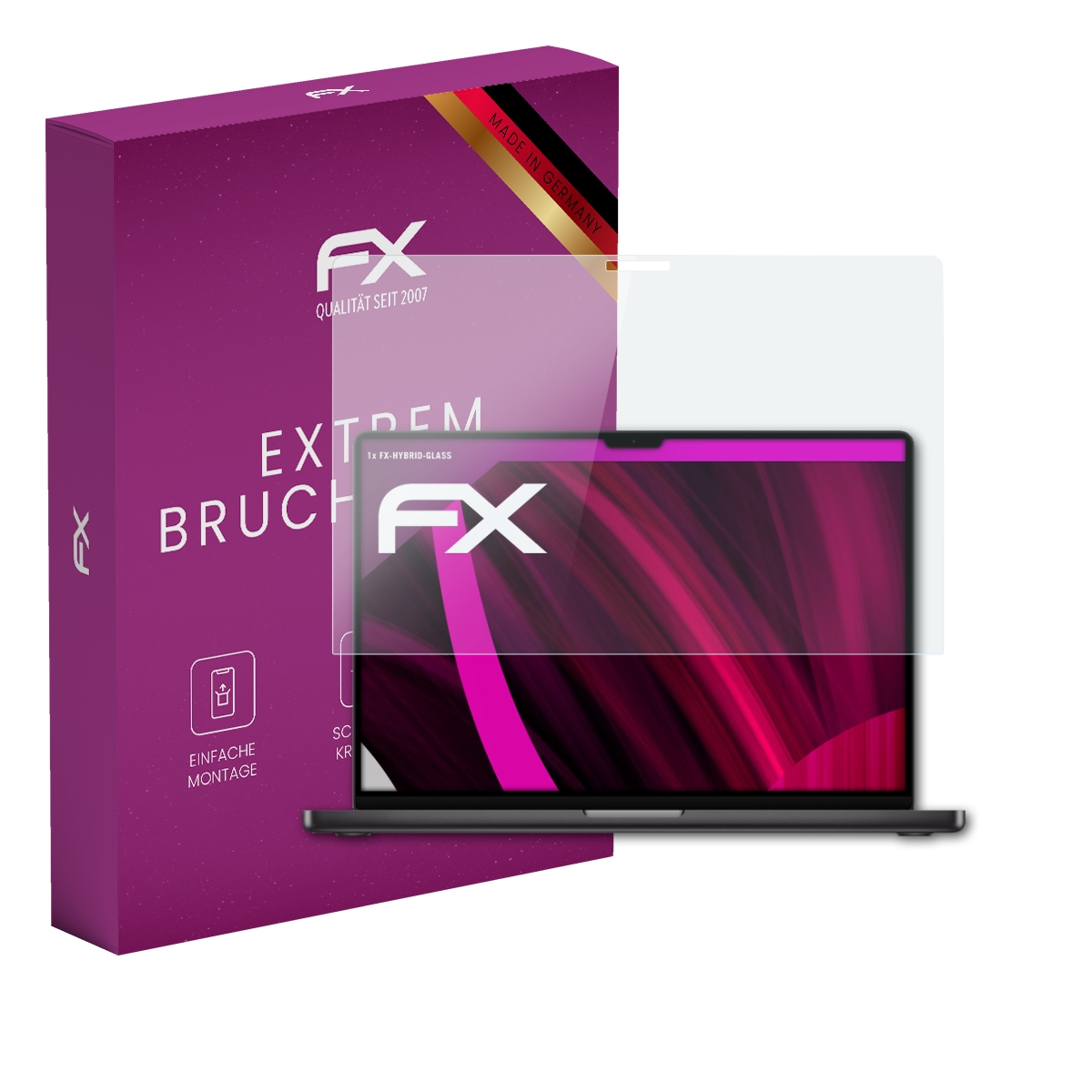 Verpackung und Displayschutzfolie für ein Laptop mit pinkem Hintergrund.