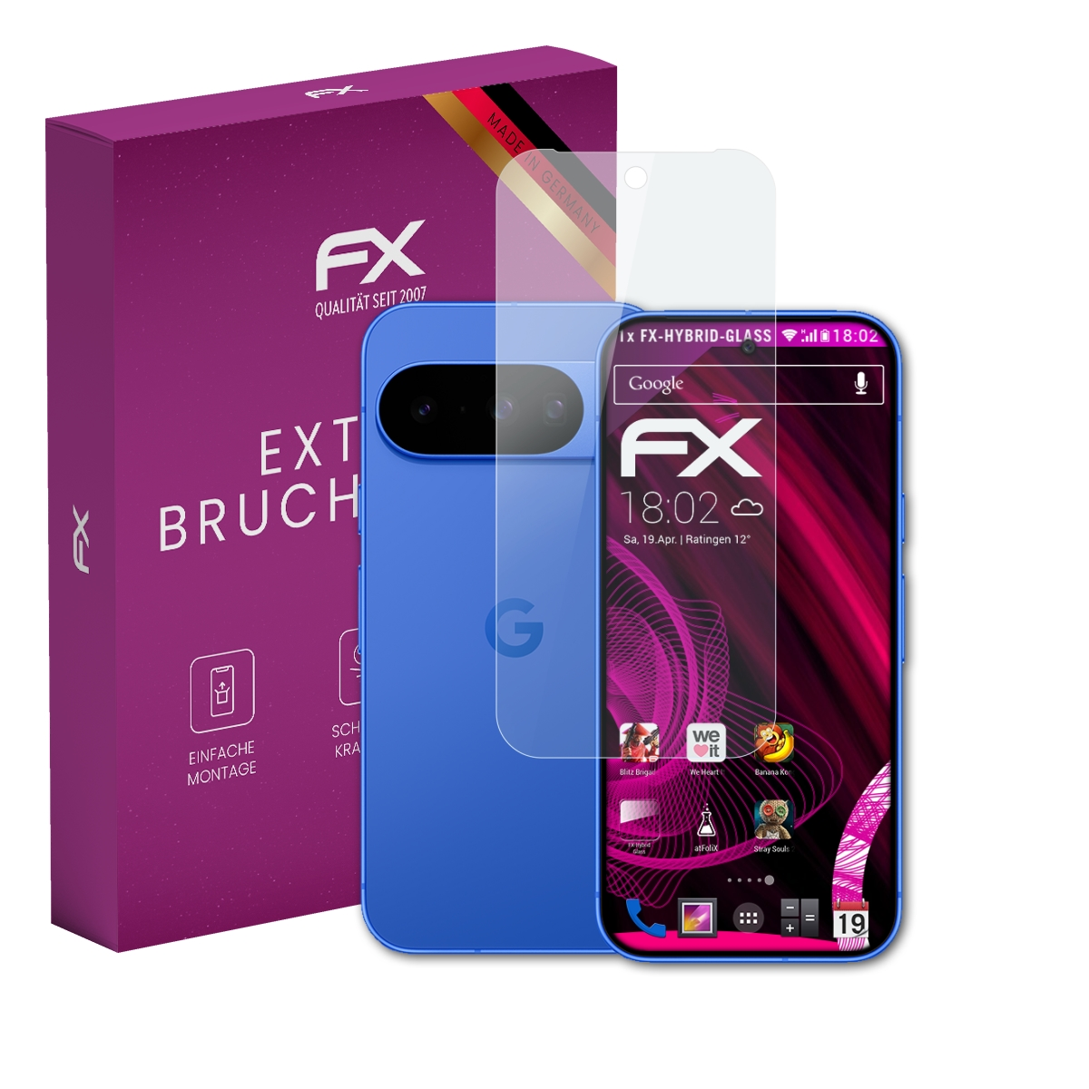 Verpackung und Displayschutzfolie für ein blaues Google-Smartphone mit Apps auf dem Bildschirm.
