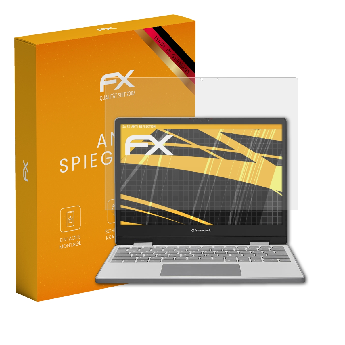 Ein Laptop mit einem Displayschutz und einer orangefarbenen Verpackung. Made in Germany.