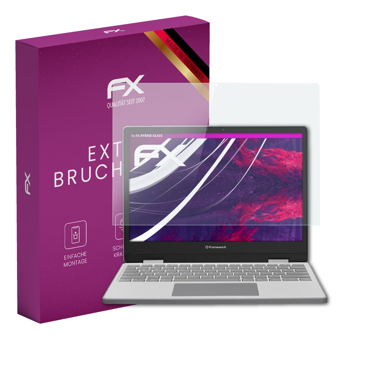 Ein Laptop mit Displayschutzfolie und lila Verpackung, Made in Germany.