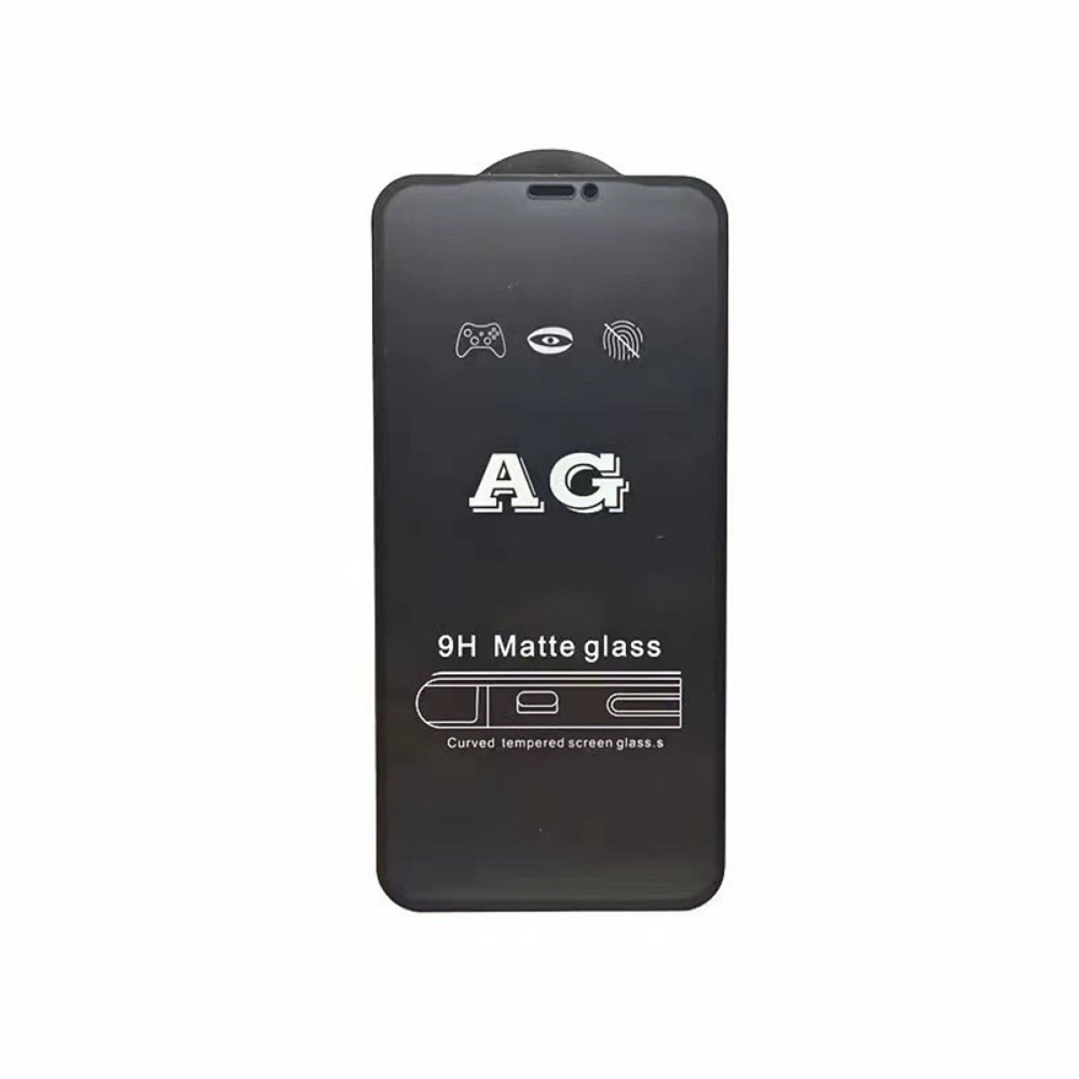 Protezione schermo nera con testo "AG" e "9H Matte glass".