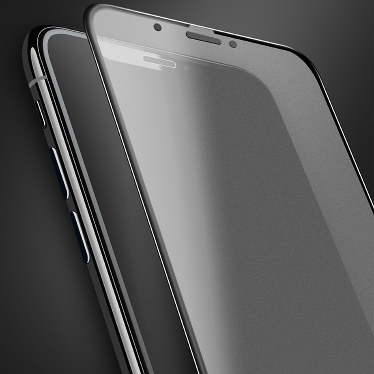 Primo piano di uno smartphone con pellicola protettiva opaca. Sfondo scuro.