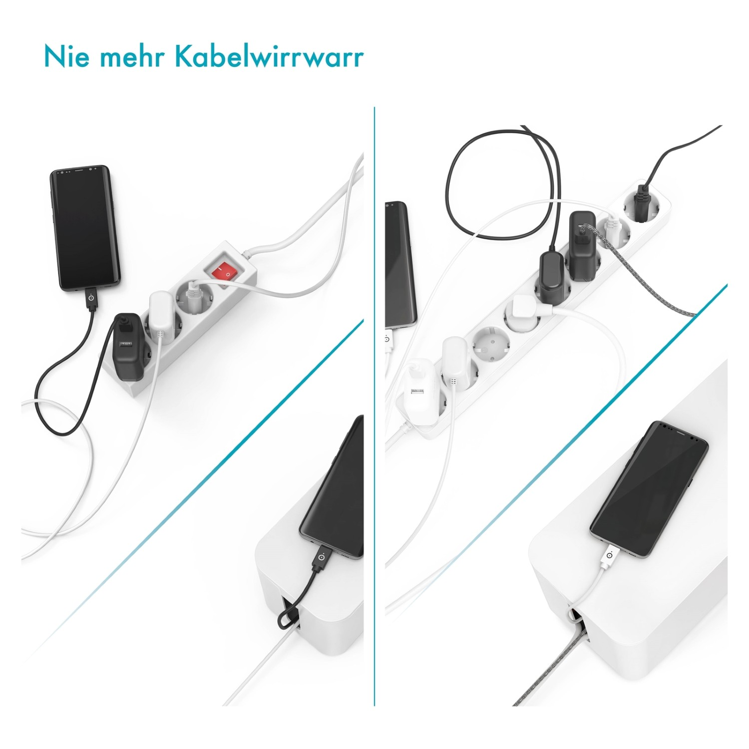Weiße Steckdosenleiste mit mehreren Ladegeräten und Telefonen, organisiert in einer Kabelbox.