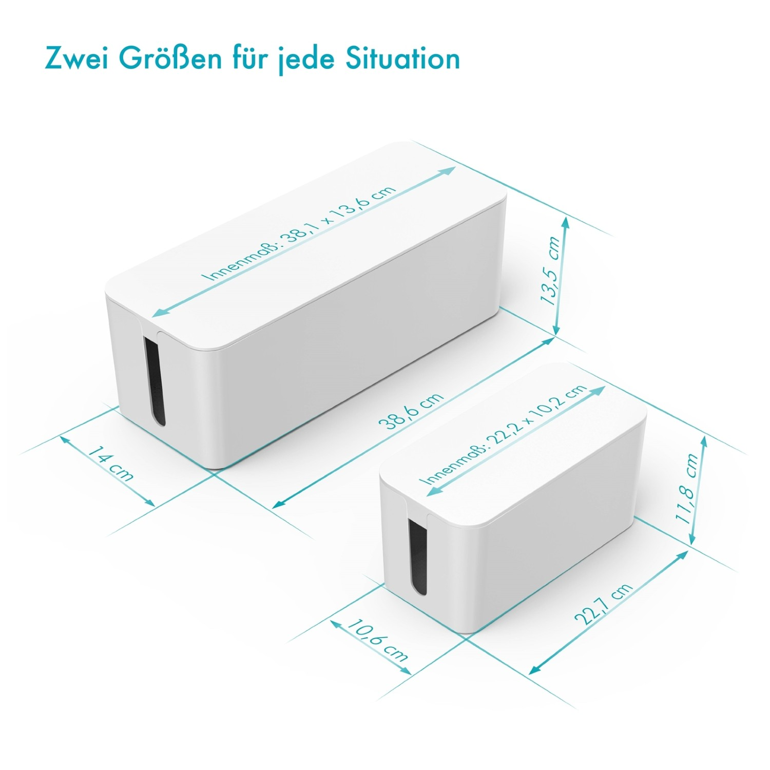 Zwei weiße Kabelboxen mit Maßen und Beschriftungen in Deutsch.