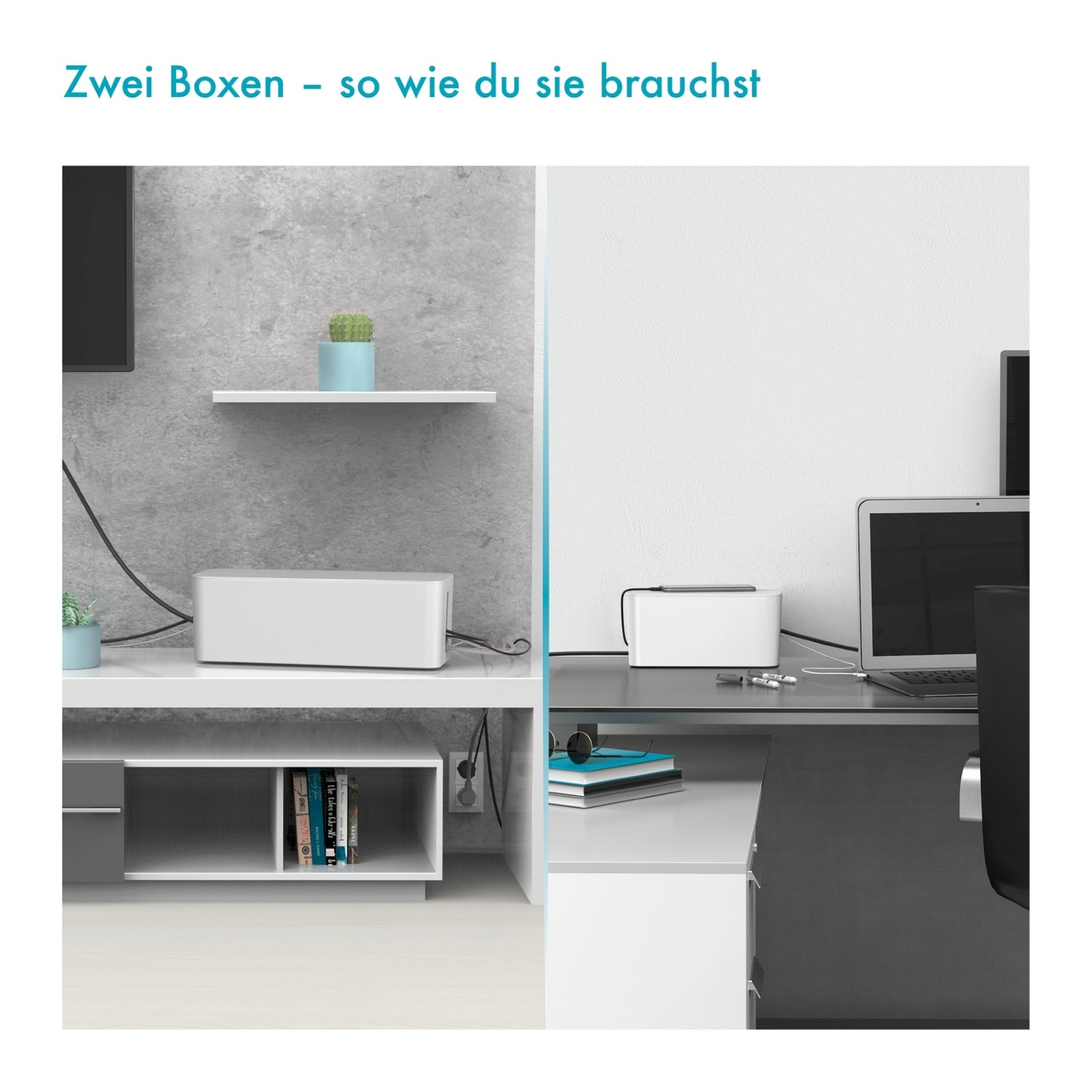 Zwei weiße Kabelboxen in modernen Büroumgebungen, eine auf einem Regal, die andere auf einem Schreibtisch.