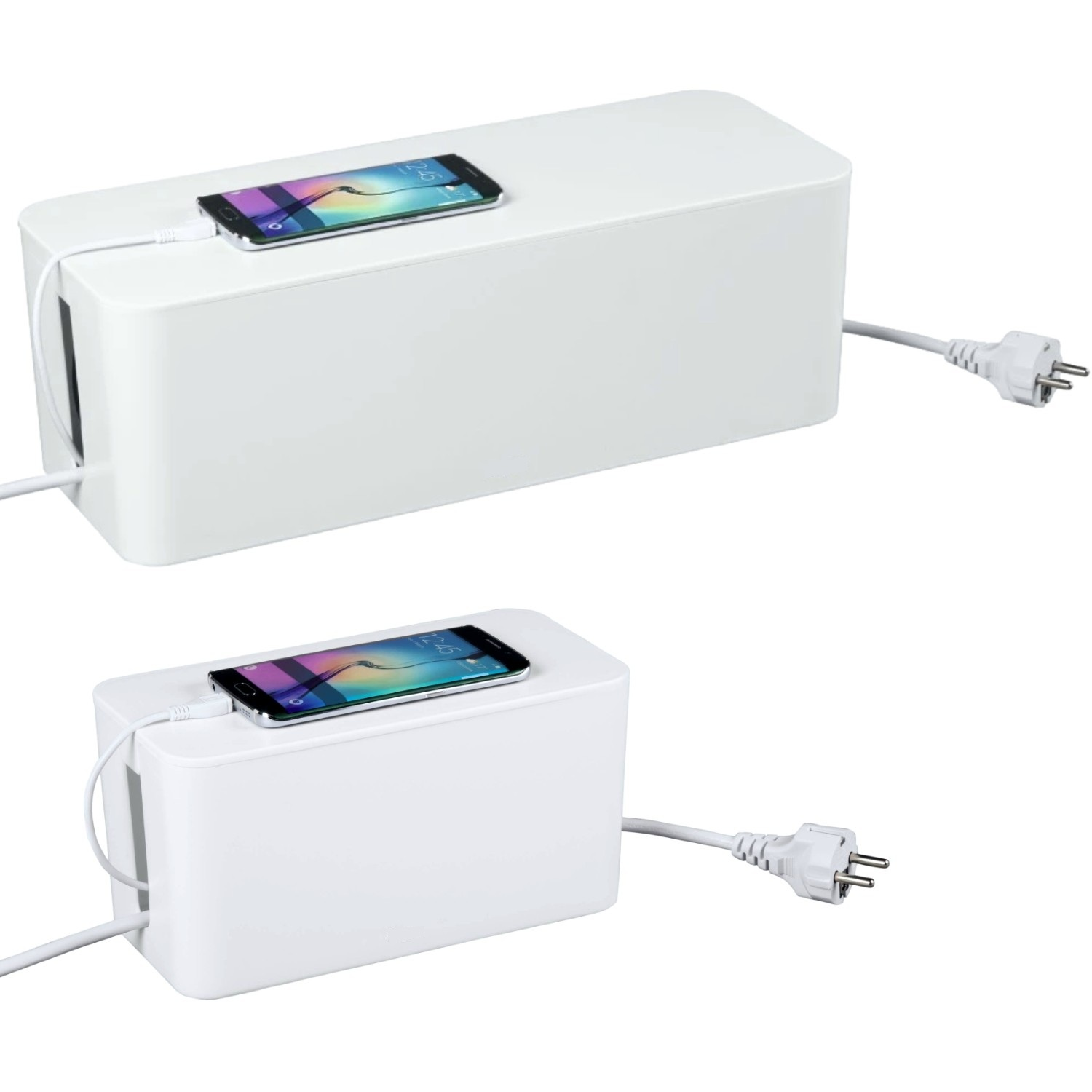 Weiße Kabelbox mit Handy und Ladekabel. Weiße Kabelbox mit Handy und Ladekabel.
