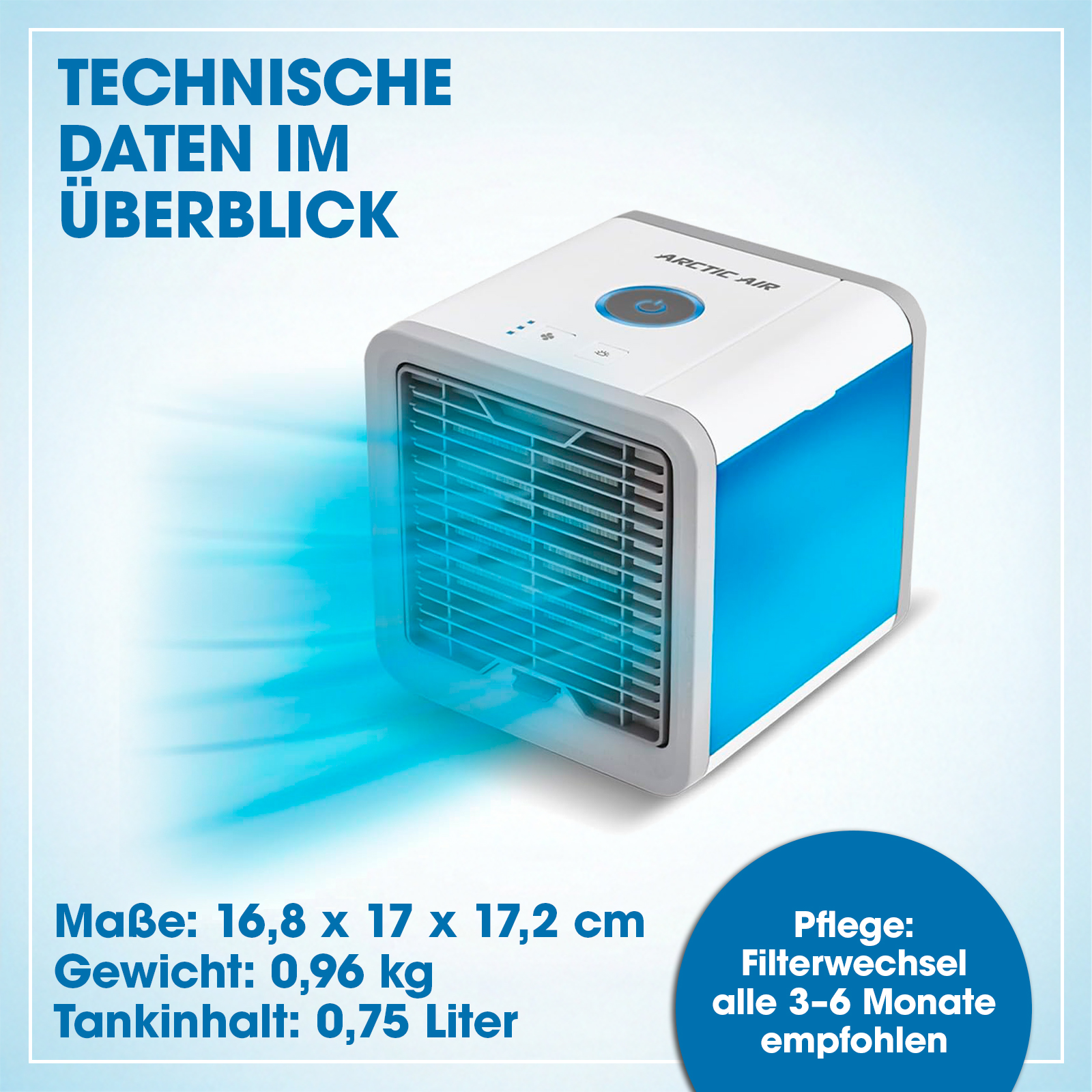 Ein weißer und blauer Arctic Air Kühler mit blauen Luftstrom-Effekten.