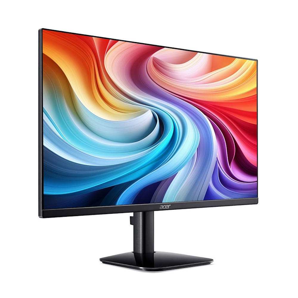 Czarny monitor Acer wyświetlający kolorowy, wirujący abstrakcyjny obraz.