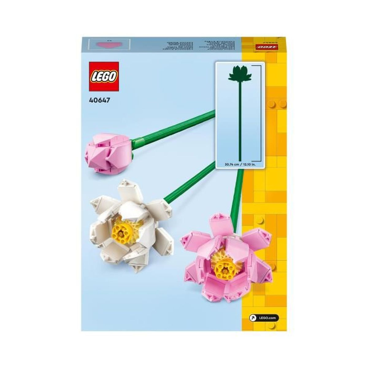 Set LEGO di fiori rosa e bianchi con steli verdi. Include tabella delle taglie.