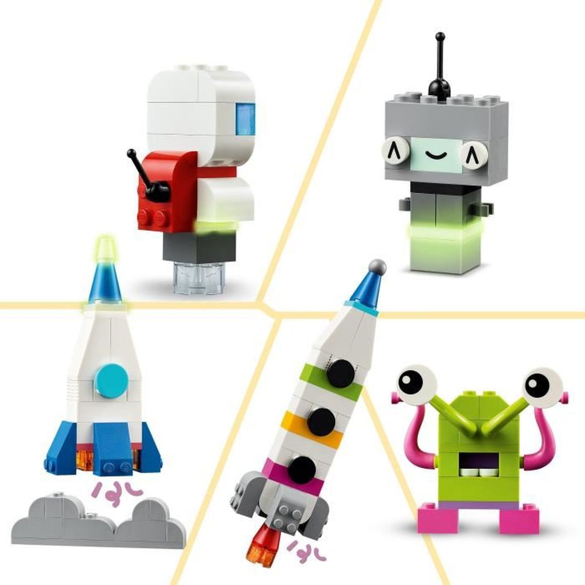 Dört Lego eseri: bir robot, bir roket, bir uzaylı ve uçan bir roket.