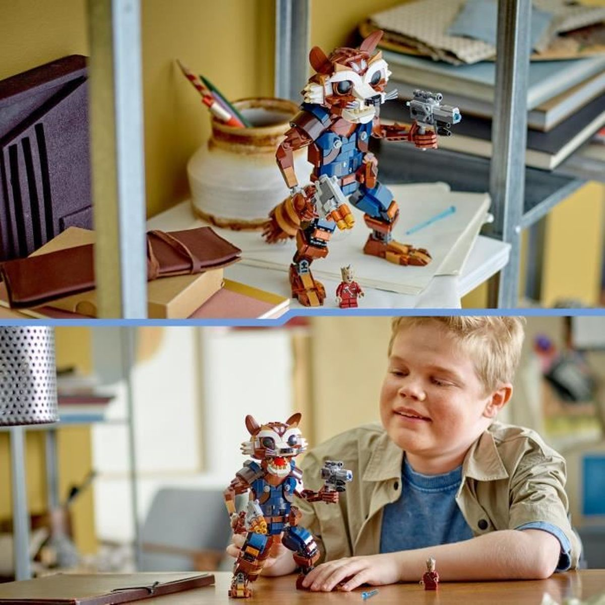 Eine Lego-Figur von Rocket Raccoon steht auf einem Regal, ein Junge hält eine ähnliche Figur.