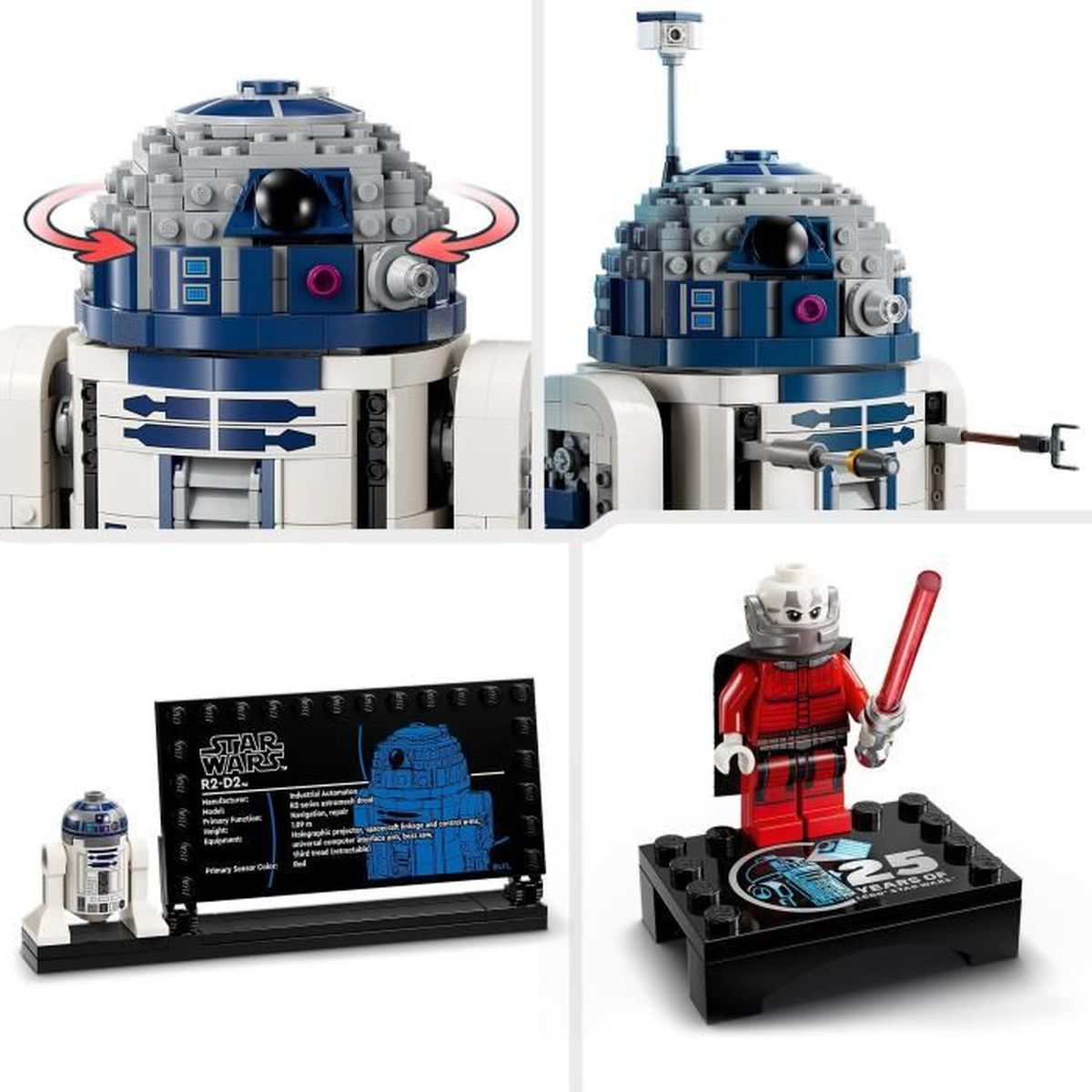 Cztery sceny Lego: model R2-D2, R2-D2 z akcesoriami, wyświetlacz informacyjny, minifigurka.