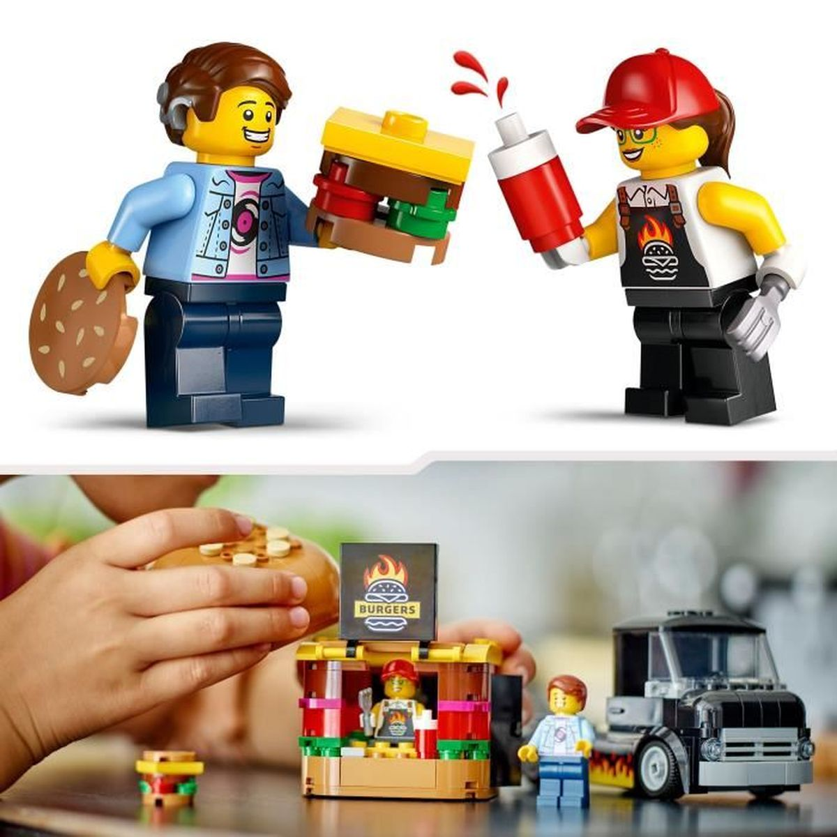 Figuras de Lego construyen y sirven hamburguesas. Un niño sostiene una hamburguesa, otro construye.