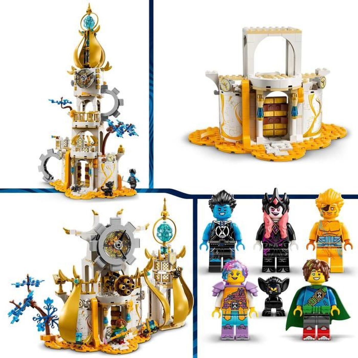 Bunte Lego-Sets mit Türmen und Figuren.
