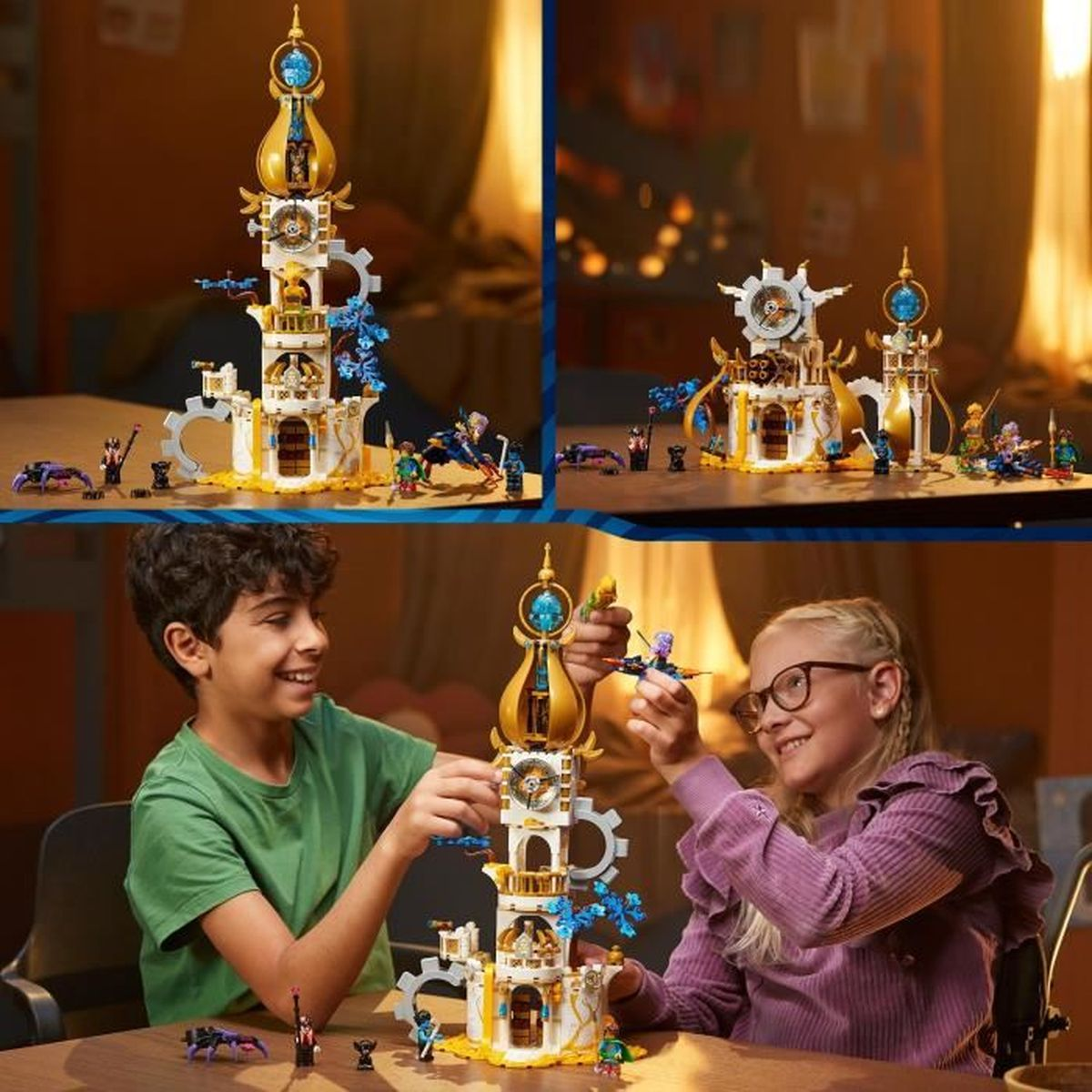 Kinder bauen einen goldenen Turm mit Figuren und blauen Elementen.