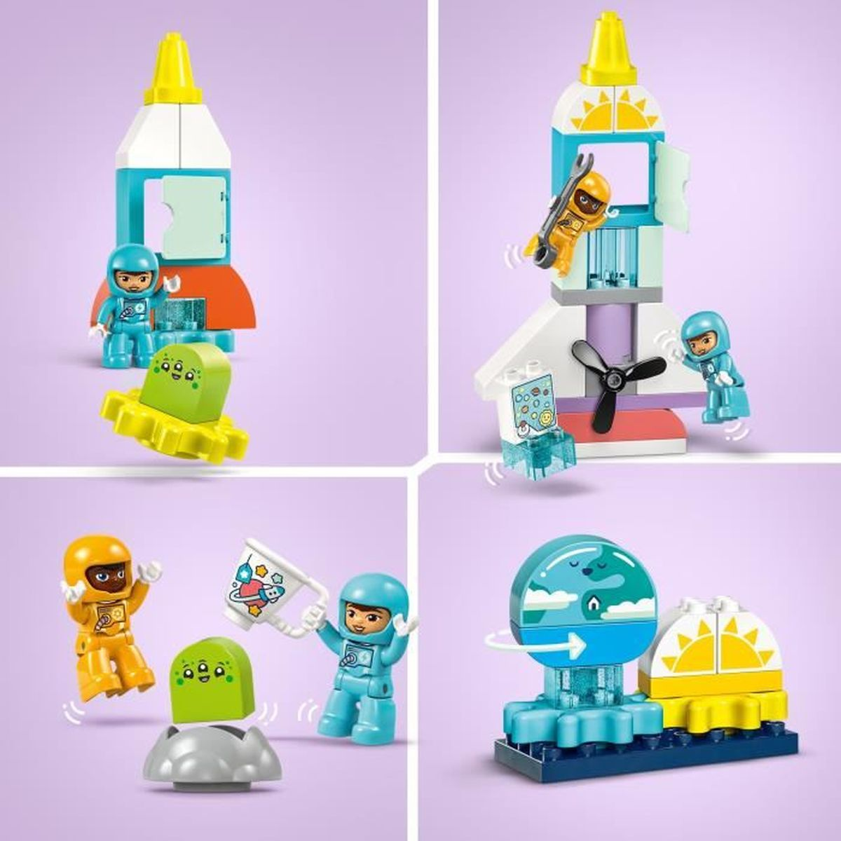 Cztery sceny kosmiczne Lego z astronautami, rakietami, kosmitami i Ziemią.