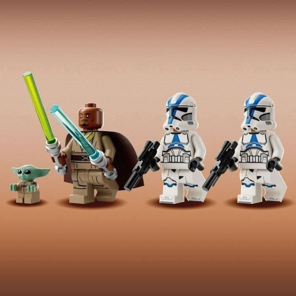 Figurki Lego: Yoda, Jedi i klony z mieczami świetlnymi i blasterami.