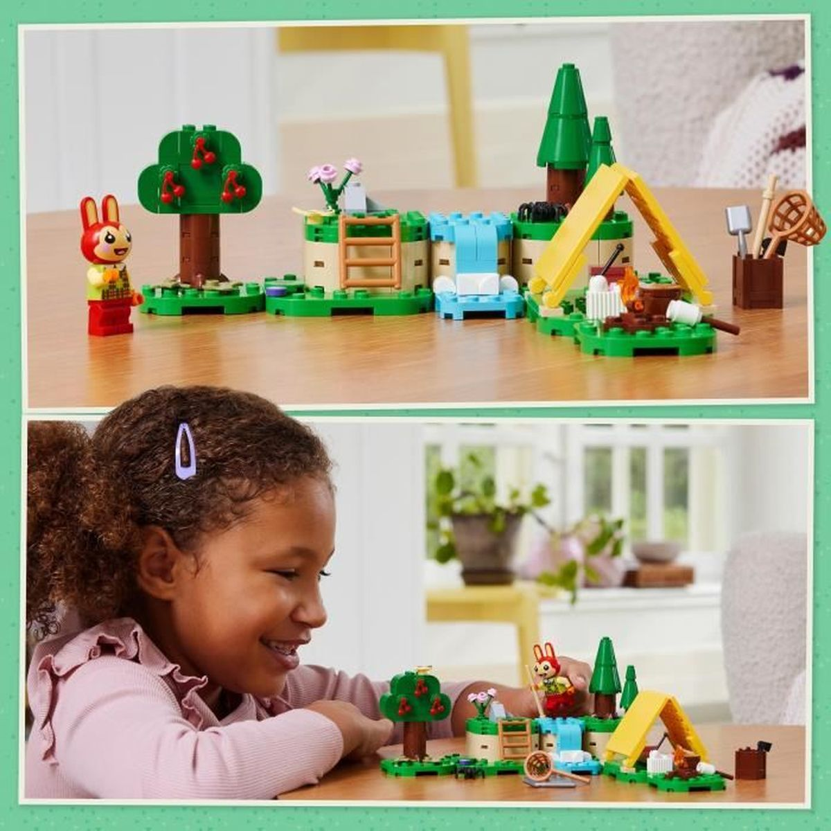 Oben: Lego-Campingplatz mit Hasenfigur, Baum, Wasserfall und Zelt. Unten: Mädchen spielt mit Lego.