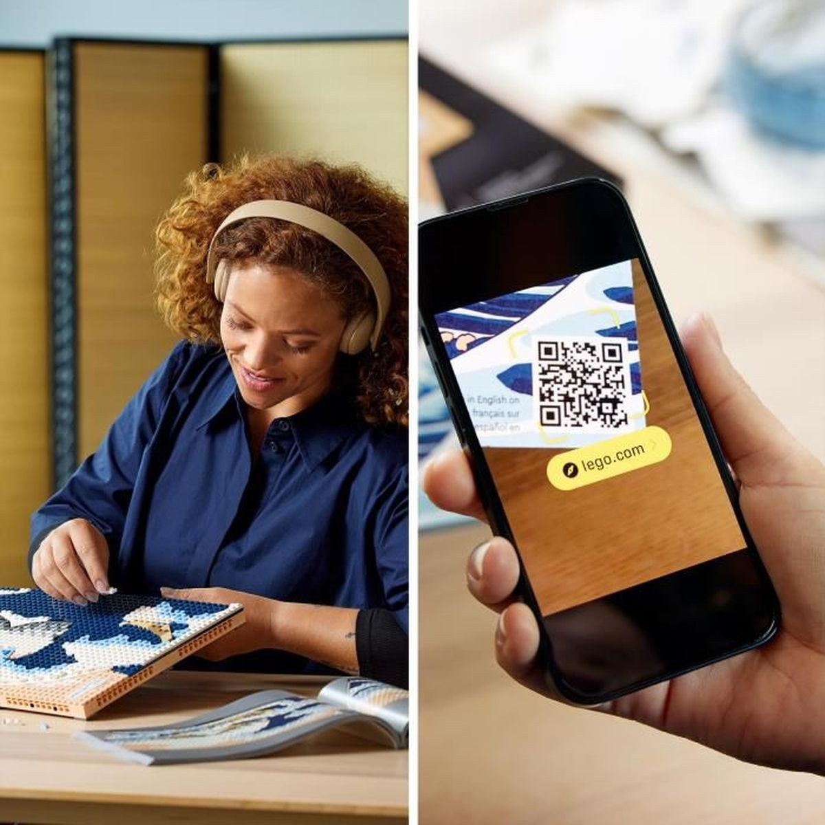 Kobieta w słuchawkach buduje z kolorowych klocków; telefon skanuje kod QR.