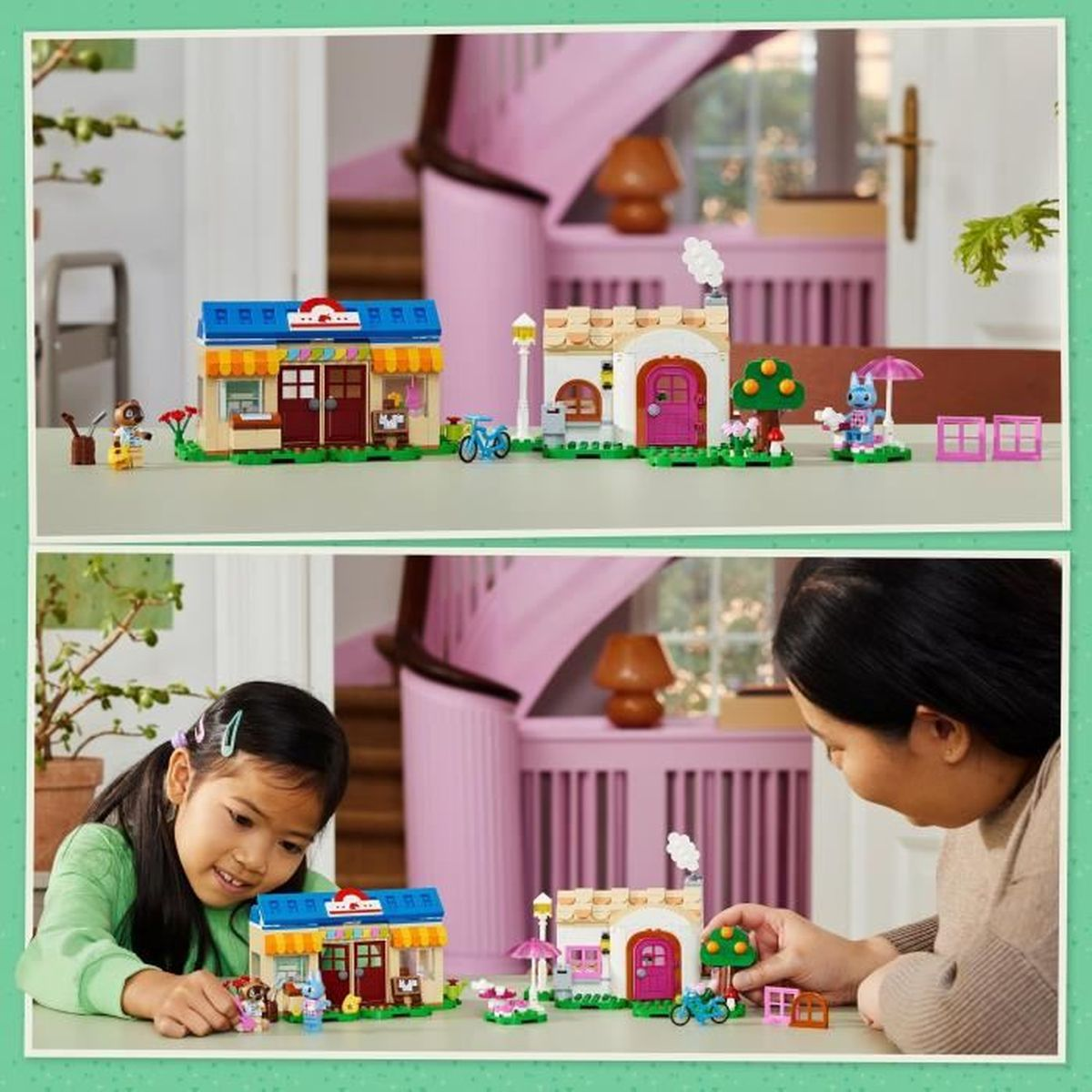 Twee Lego-scènes: boven speelgoedgebouwen, figuren & fiets. Beneden spelende kinderen.