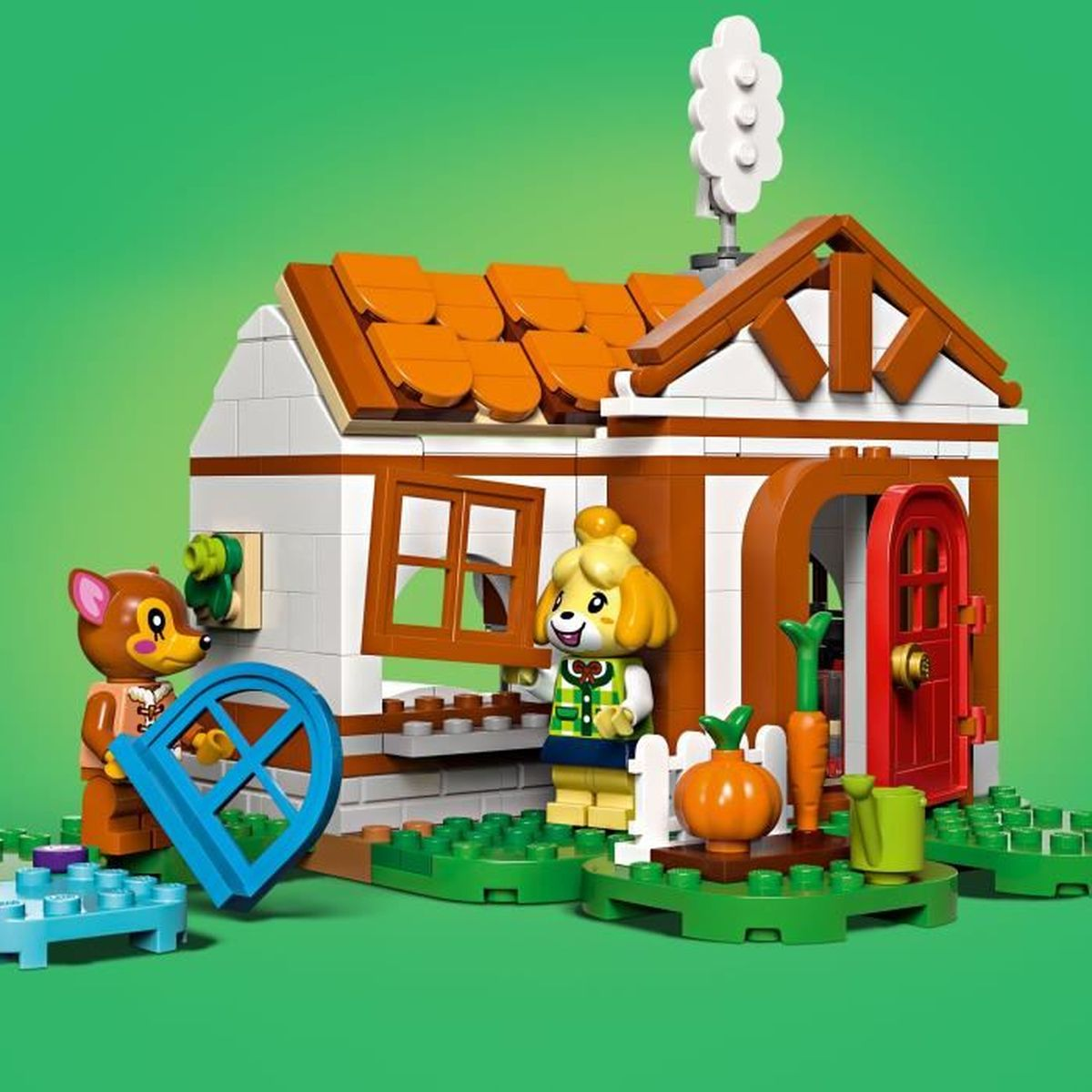 Ein Lego-Haus mit einer Reh- und einer Hunde-Figur, Karotten und Kürbis.