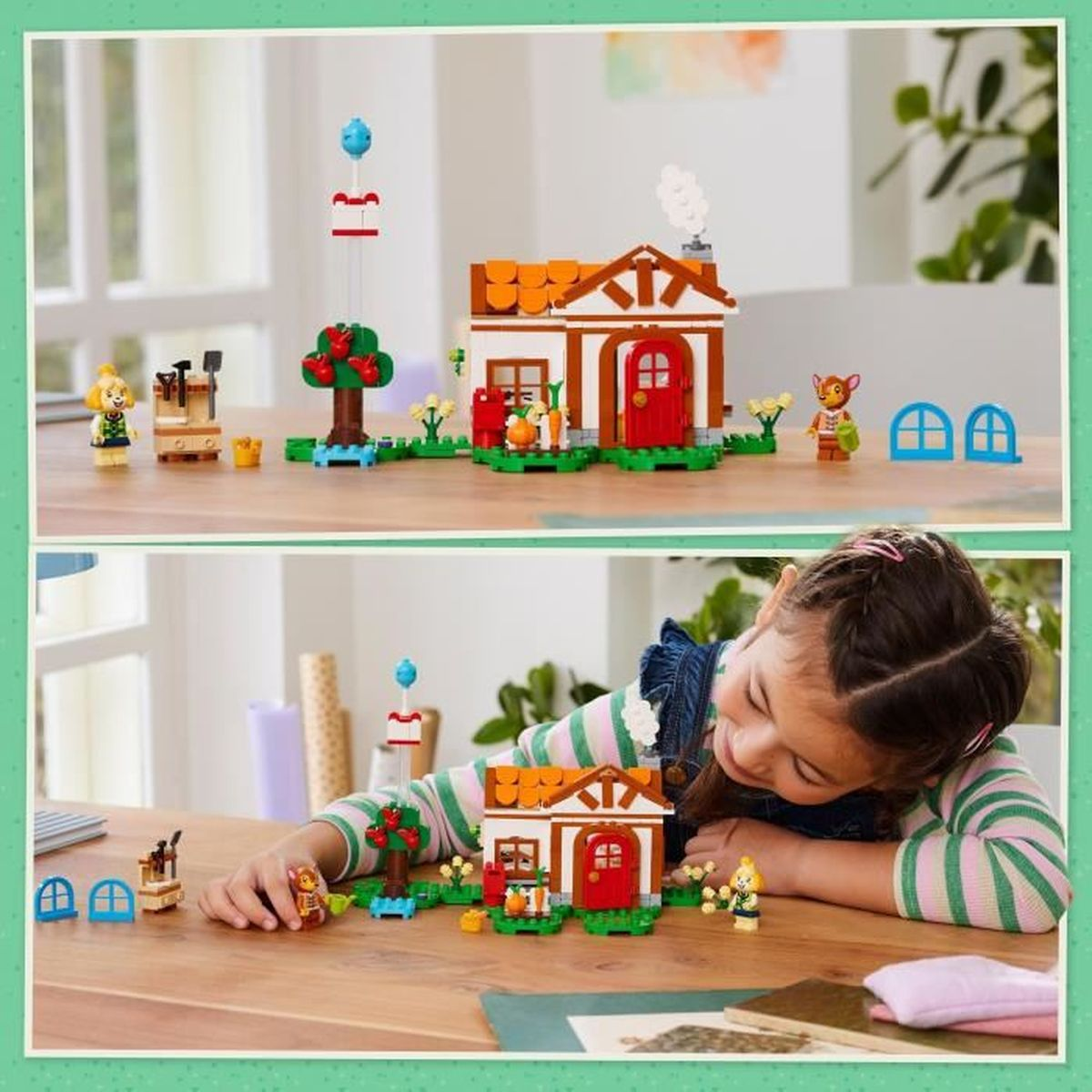 Zwei Szenen zeigen ein Lego-Bauernhaus mit Figuren, einem Baum und Spielzeugwerkzeugen.