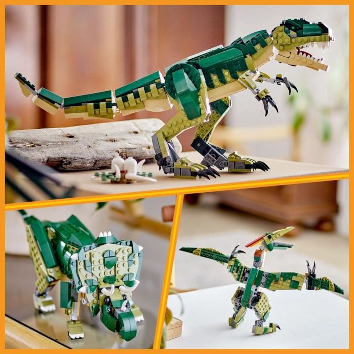 Trzy dinozaury Lego: T-Rex, Triceratops i Pterodaktyl.