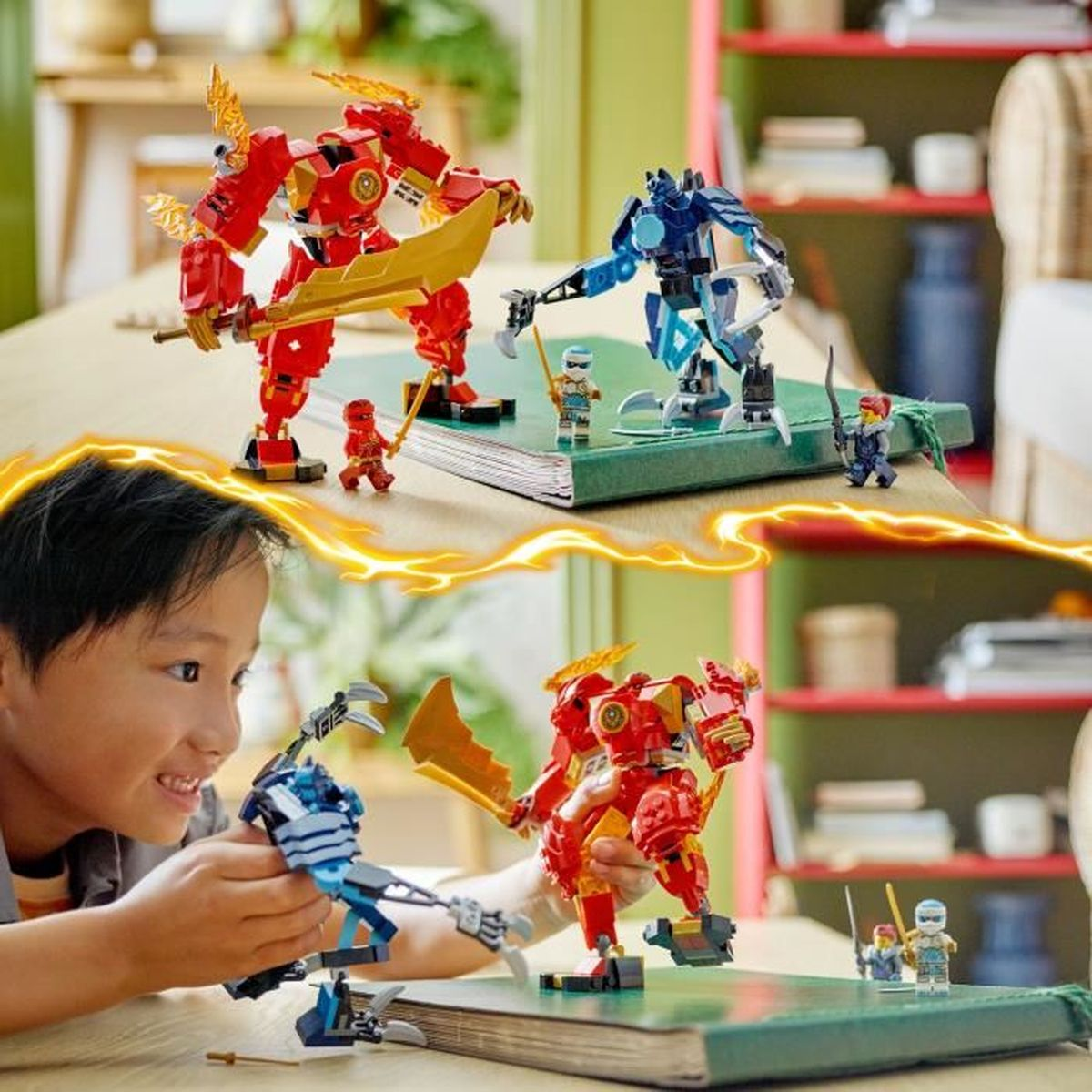 Un bambino gioca con giocattoli robot rossi e blu. Sopra, robot da combattimento.
