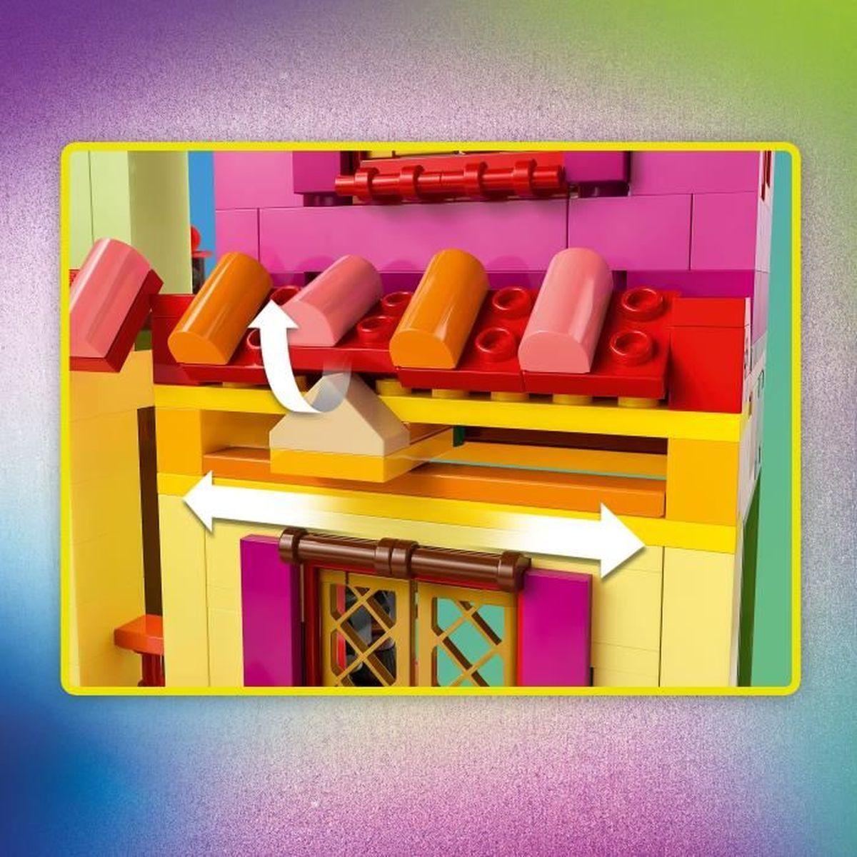 Bunte Lego-Konstruktion mit zylindrischen Elementen und Pfeilen, die Bewegung anzeigen.