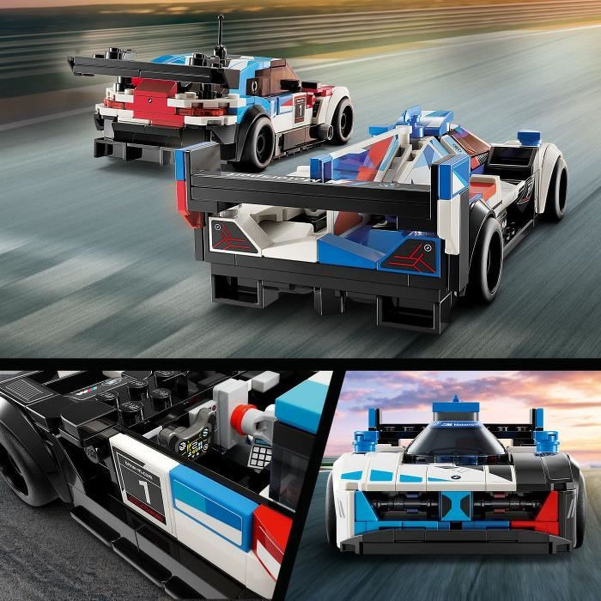 Twee Lego raceauto's in rood, wit en blauw op een racecircuit.