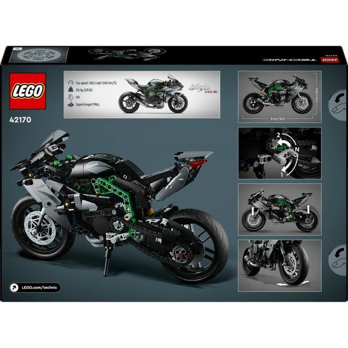 Zestaw klocków LEGO Technic motocykl ze szczegółowym modelem i danymi technicznymi.