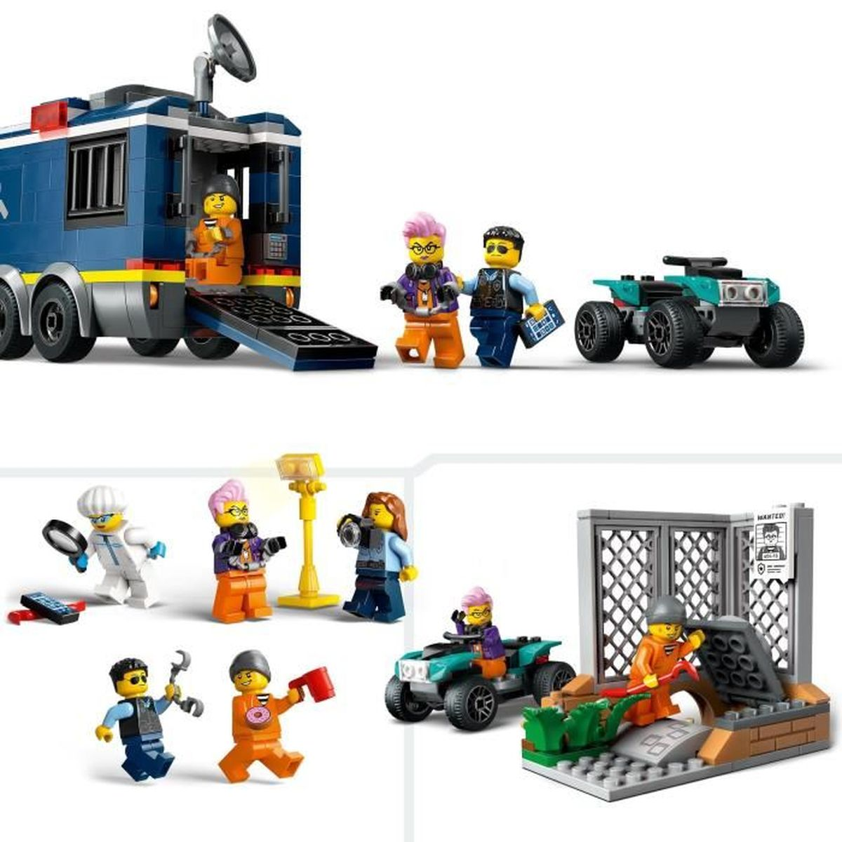 Figuras y vehículos de Lego: una furgoneta de vigilancia, un quad y varios personajes.