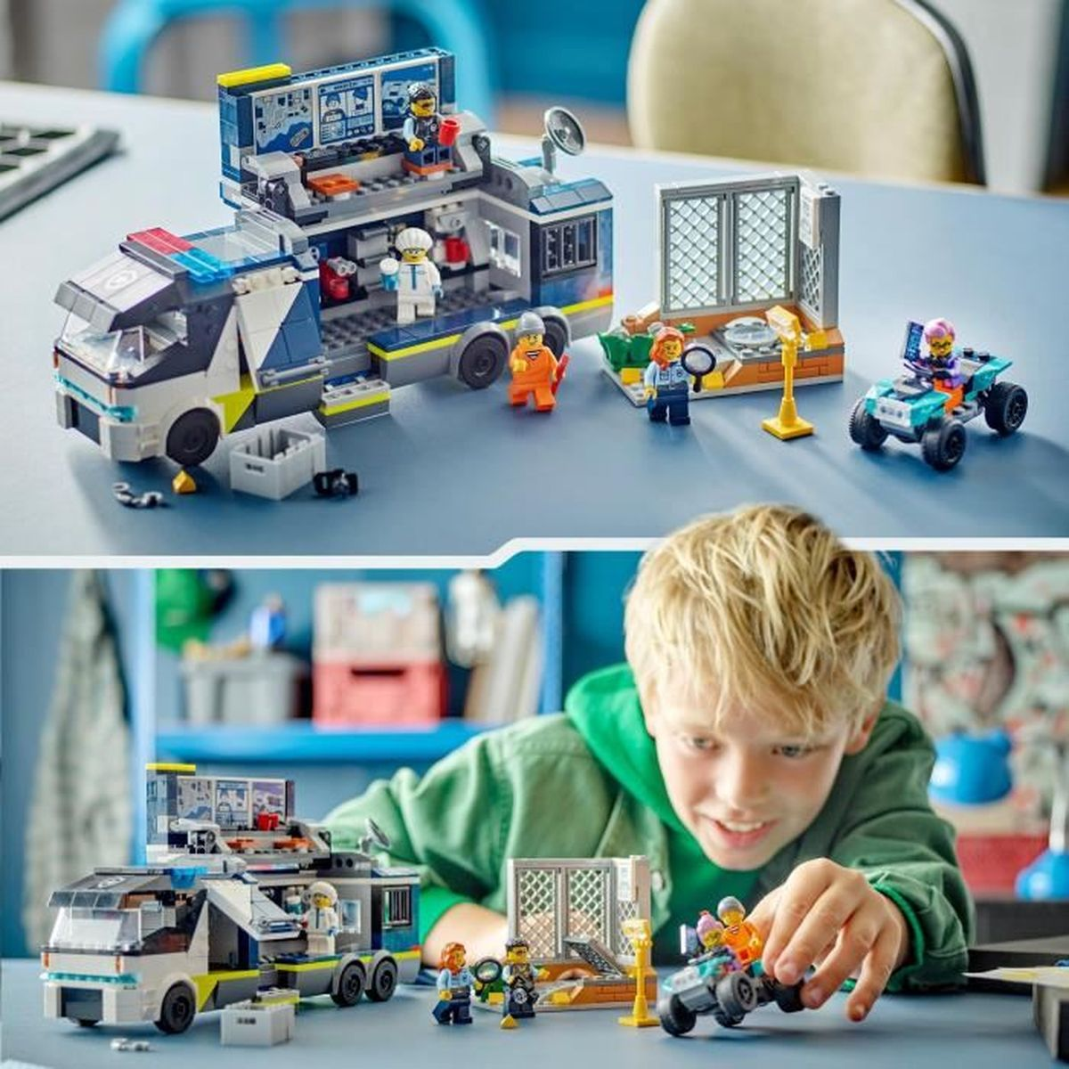 Camión cuartel general de policía Lego con figuras y un vehículo.