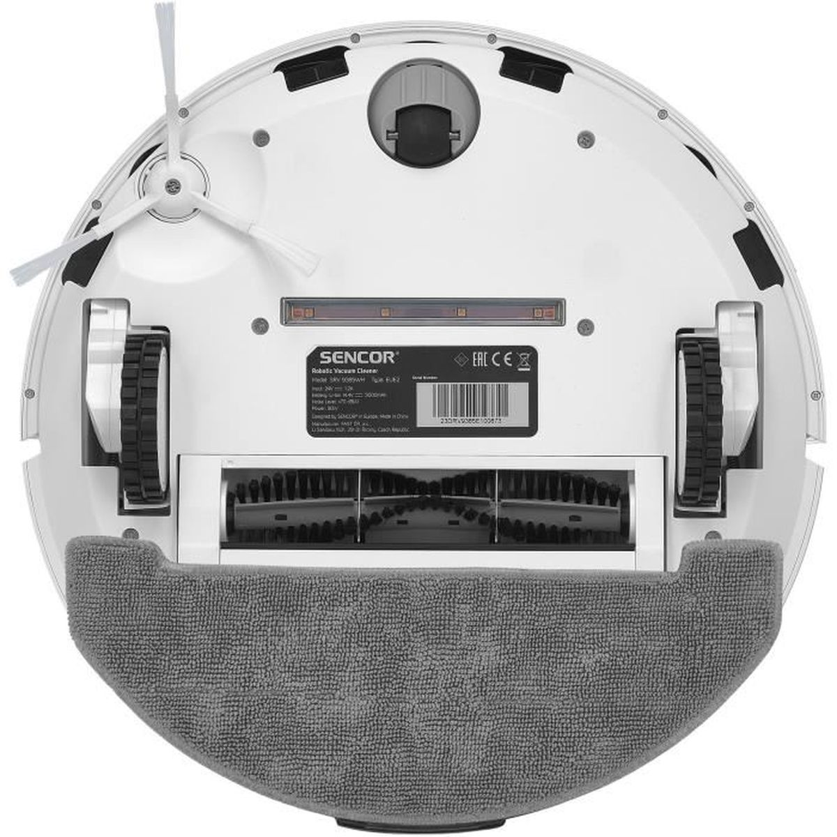 Parte inferiore di un robot aspirapolvere bianco con spazzole, ruote e panno.